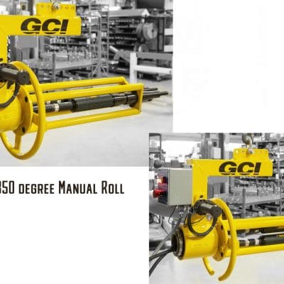 Two images showing the movement of a manual roll on a GCI end of hook torque reaction system