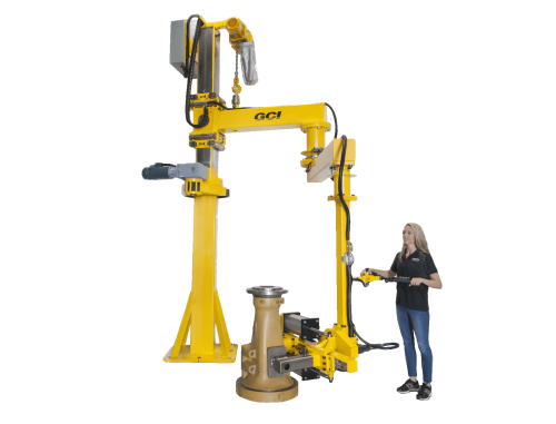 Woman handles 500 lb casting with large gci stacker manipulator